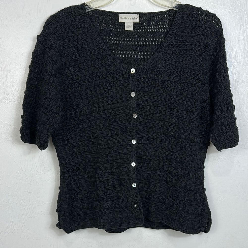 Northern Isles Black Button-Up Short Sleeves Textured Knit Cardigan Size L